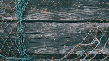 An old fishing net entwined with green ropes against a distressed, dark wooden surface, highlighting the rugged beauty of maritime life.