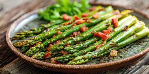 Canvas Print - Baked bundles of green asparagus and bacon on a ceramic plate selective focus