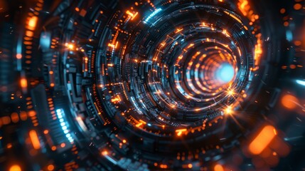 Poster - Futuristic tunnel with glowing circuitry and vibrant blue light in a digital landscape