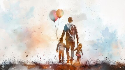 A happy family moment with a father and two children holding colorful balloons