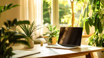 Canvas Print - A home office with a wooden desk, open laptop, and lush potted plants bathed in warm sunlight through a window, creating an inviting work atmosphere.