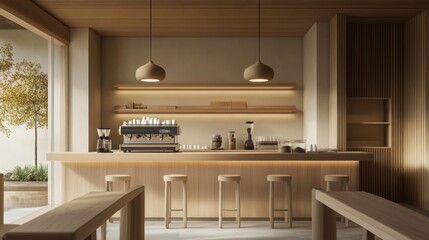 Fototapete - A contemporary coffee shop features wooden elements, soft lighting, and a minimalistic bar setup with a coffee machine, inviting patrons to enjoy a serene atmosphere.