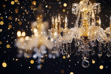 Wall Mural - Two crystal chandeliers light up dark background with bokeh.