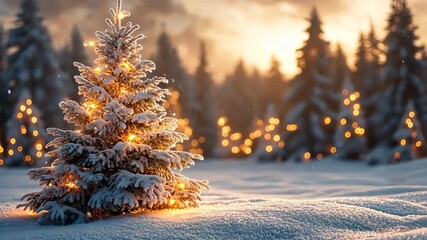 snow falling on illuminated christmas tree at sunset