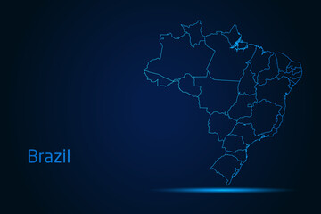 Abstract High Detailed Glow Blue Map on Dark Background of Map of Brazil symbol for your web site design map logo, app, Travel. Vector illustration eps 10.