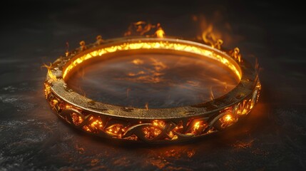 Fiery golden ring adorned with intricate designs glowing in dark setting