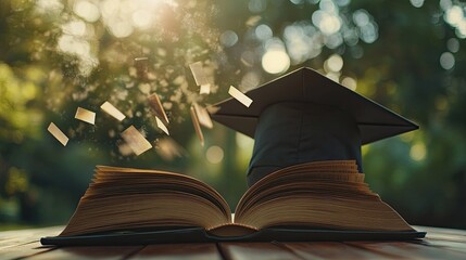 Graduation cap positioned beside an open book, with pages flipping in the breeze, capturing the essence of academic success.