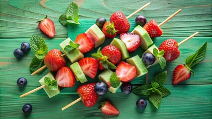 Wall Mural - Closeup of colorful skewers with watermelon, strawberries, blueberries, and mint on a green table, skewers, watermelon