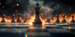 © sornram - A dramatic chess scene featuring a king piece illuminated by flames and smoke, symbolizing strategy and intense competition.