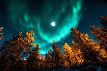 Poster - The Aurora Borealis lighting up a dense forest of pine trees, with a full moon rising in the background