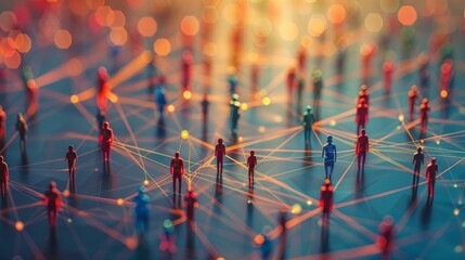 Poster - Colorful network of abstract figures connected by lines at sunset in a digital landscape