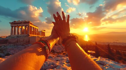 A warm-toned image of two friends high-fiving in front of the Acropolis in Athens, with the ancient Parthenon temple bathed in the golden light of sunset.