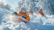 © Level UP - Joyful Children Sledding on Snowy Slope in Winter Wonderland with Frosted Trees and Rolling Hills