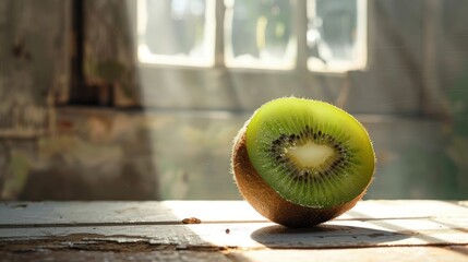 Wall Mural - Sunlight reflects off of a green kiwi fruit on a wooden surface,