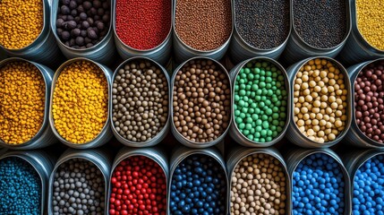 A row of colorful cans filled with different colored balls