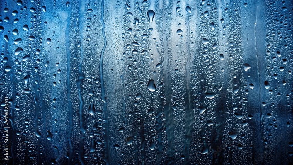 Distressed wet glass with rain water drops on dark blue worn texture ...