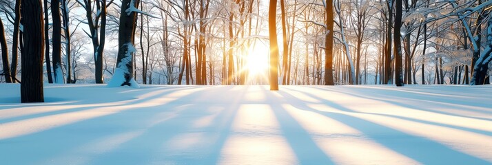 Beautiful winter forest scene with sunlight streaming through bare trees and casting long shadows on fresh snow, creating a serene atmosphere.