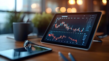 Poster - Digital Tablet Displaying Market Analytics on Wooden Desk for Financial Data Analysis