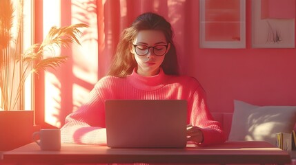 Aufkleber - Female Entrepreneur Multitasking in Cozy Home Office with Laptop and Coffee