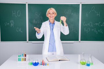 Sticker - Photo of positive pretty intelligent senior lady wear white coat doing chemical research isolated on green board background