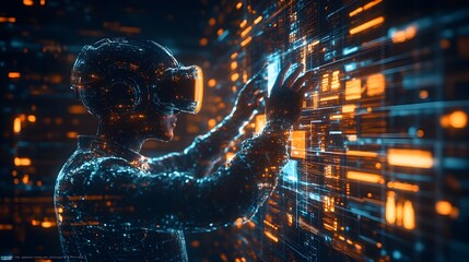 Poster - Entrepreneur Analyzing Virtual Business Data with VR Headset Future of Technology Innovation