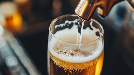 A close up of a glass of craft beer being poured from a tap, capturing the motion of the liquid and the bubbles forming as it fills the glass