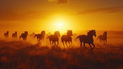Naklejka na meble Majestic Wild Horses Galloping Freely in a Golden Sunset