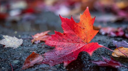 Poster - A vibrant red maple leaf rests on damp ground, glistening with morning dew under soft autumn sunlight.