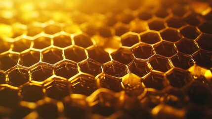 Poster - Close-Up of Golden Honeycomb with Sunlight Reflecting