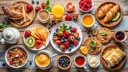 A close-up shot of a delicious and colorful morning breakfast spread , delicious, colorful, breakfast, morning, food, meal