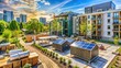 © Four888 - Modern eco-friendly building site with solar panels, recycling bins, and greenery, emphasizing environmentally responsible construction practices in a urban development project.