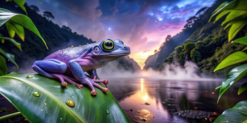 Purple tree frog perched on a rainforest leaf at night with bugs, fireflies, river, volcano, fog, and mountains , rainforest, frog