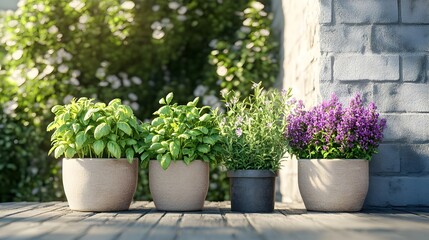 Organic Herb Garden Pots with Fresh Basil Mint Rosemary 3D