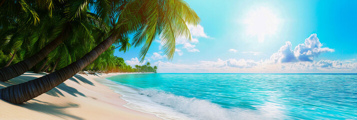 Wall Mural - Beautiful beach scene with crystal clear blue water, white sand beach, palm trees swaying in the wind, sunny day, bright, realistic. Image generated by AI