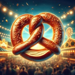 A mouthwatering pretzel stands out against a festive fair backdrop, perfect for food promotions, events, and seasonal marketing.