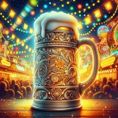 Wall Mural - A beautifully crafted beer mug, filled with frothy beer, illuminated by festive lights at a lively event, perfect for celebrating moments with friends and family.