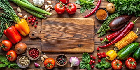 Wall Mural - Fresh vegetables and aromatic spices on a wooden cutting board , healthy, organic, cooking, kitchen, ingredients