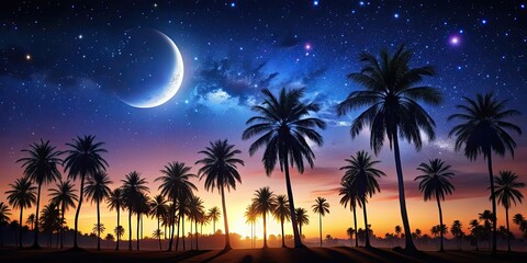 Wall Mural - night sky filled with stars and crescent moon over silhouette of palm trees , night, sky, stars, cre