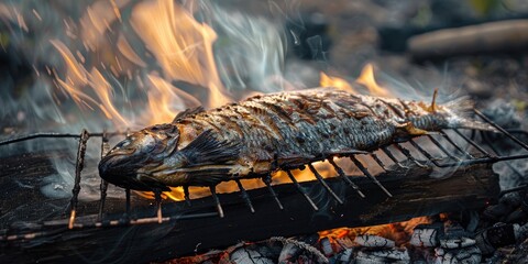 Grilled catfish cooked over hot coals on an improvised grill