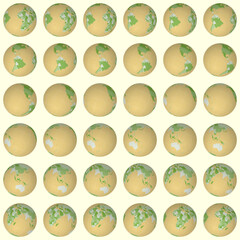 Poster - Collection of globes. Tilted sphere view. Rotation step 10 degrees. Colored countries style. World map with graticule lines on pale background. Pleasant vector illustration.
