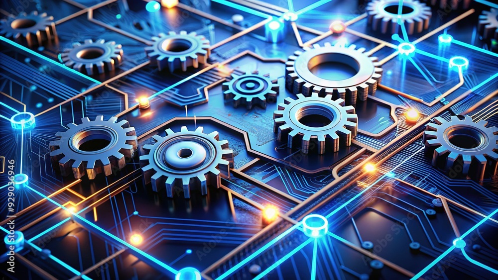 Modern network infrastructure illustration showing interconnected gears ...