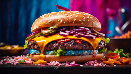 Isolated classic cheeseburger with sesame bun, juicy beef patty, melted cheese, fresh lettuce, tomato, and onion rings on white background