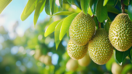 ripe durians hanging from the branches of a dense tree