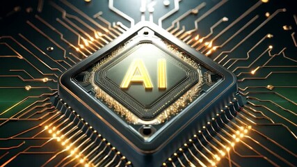 Poster - Glowing artificial intelligence chip sits atop a complex and intricate circuit board, representing the power and potential of ai