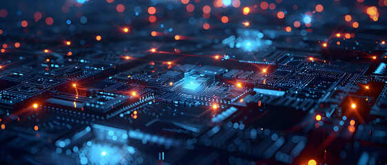 Fototapete - a detailed close-up of an advanced microchip, showcasing intricate glowing circuits and futuristic t