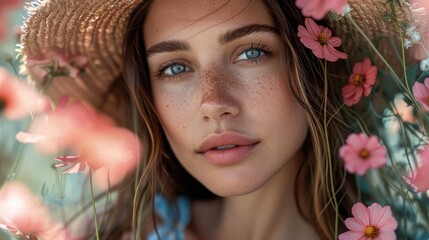 Canvas Print - close up of woman with blue eyes and brown hair with visible layers