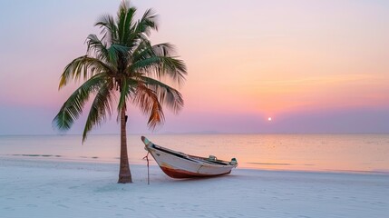 A palm tree and rowboat on the beach with a sunset 