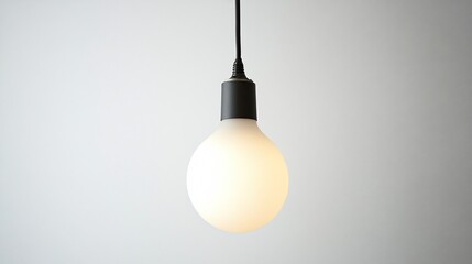 A modern, minimalist light bulb with a sleek, frosted glass design, hanging from a thin black cord against a white background