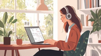 Poster - Woman enjoying work from home with laptop headphones