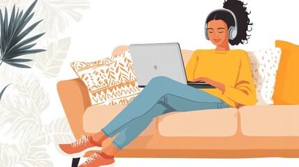 Poster - Woman enjoying work on laptop headphones on couch